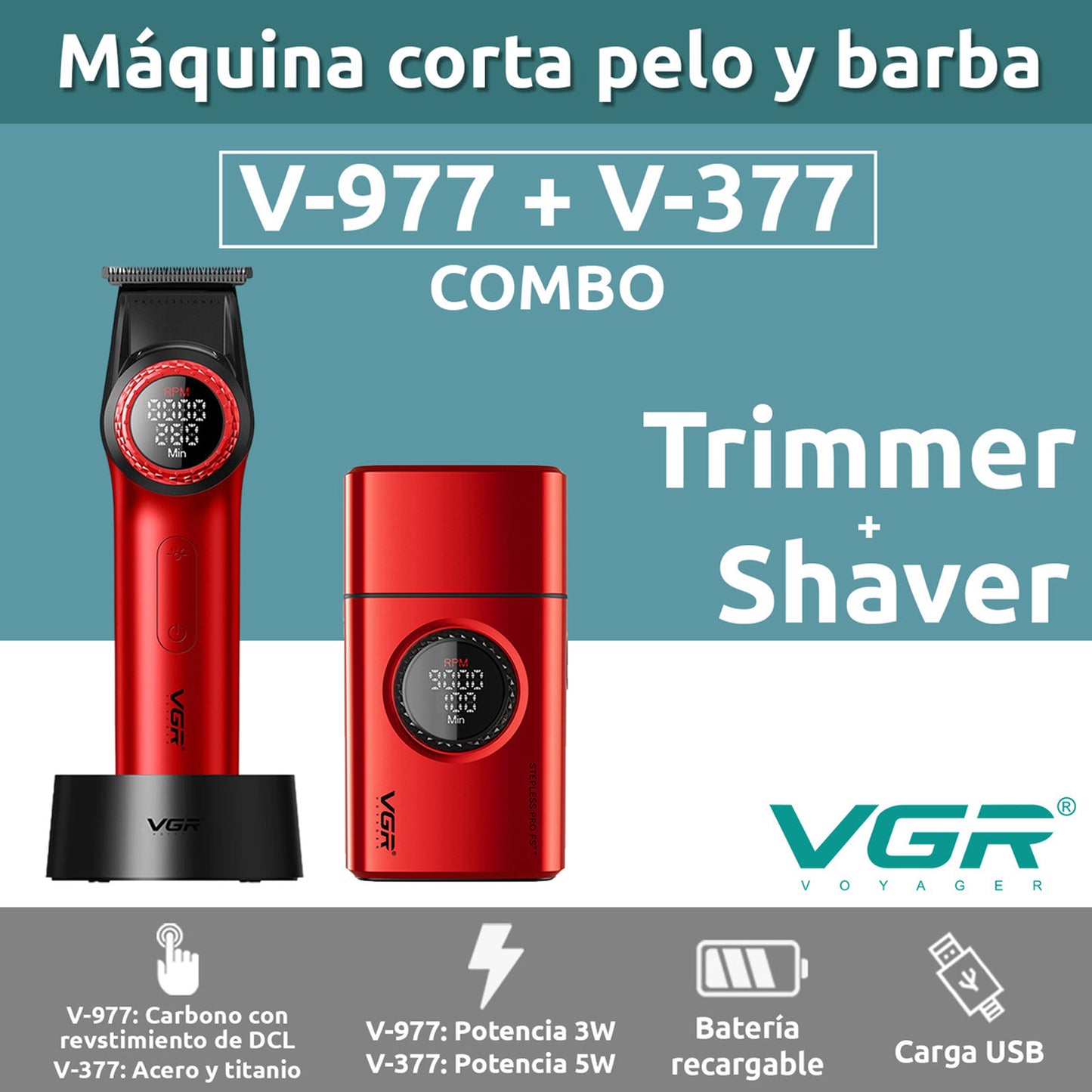 Combo Shaver + Patillera VGR V977 Y V377 Colores Surtidos